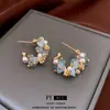 Pendientes de Perla con Flor en Forma de C de Aguamarina Pequeños Frescos de Moda Versátiles de Nicho Elegantes de Gama Alta para Mujer