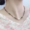 Colar de Pérolas Coloridas de Turmalina Dopamina Transfronteiriço para Mulheres, Corrente de Clavícula de Pérola Prateada Quebrada de Alta Qualidade, Corrente de Pescoço de Nicho