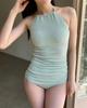 Traje de Banho Estilo Ins da Coreia do Sul Tecido Xadrez Tridimensional de Alta Qualidade Simples Sexy com Amarração no Pescoço para Mulheres