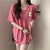 Camiseta de manga corta con dobladillo dividido, tiro real de comercio exterior, para mujer, verano, talla grande, larga, holgada, top bordado para amigas