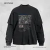 Camiseta de manga comprida com estampa de letras estilo vintage para homens, look em camadas, coleção primavera/outono, streetwear americano, corte solto, gola redonda