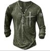 Camiseta de manga larga retro con cuello redondo y estampado digital para hombre, nueva camiseta de solapa abierta de siete botones, estilo cross-border 2023