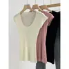 Tejido de punto rosa con cuello en U y manga corta para mujer en verano Estilo coreano Diseño de alta gama Cuello bajo Clavícula Aspecto adelgazante Top
