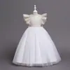 Vestido Longo Formal Europeu e Americano para Meninas com Babados, Vestido Princesa de Manga Curta, Vestido para Daminha de Casamento, Traje de Performance para Apresentadora