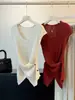 Top de punto de manga corta con diseño de cruz irregular para mujer, Nuevo diseño de principios de otoño, Adelgazante y elegante, Top simple de canalé