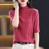 Nueva camiseta fina de verano para mujer, cuello semi-alto, manga corta, versátil, a la moda, holgada, top casual, tejido
