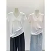 Camiseta Interior de Verano para Mujer Estilo Perezoso Cuello en V Delgado Lyocell Tencel Manga Corta Hombro Derecho Estilo Coreano Blanca