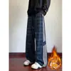 Calça Xadrez de Veludo Cotelê Pesado Americana Masculina Outono Inverno Com Pelúcia Por Dentro Calça Larga Casual Caimento Reto Longa Tendência