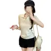 Top de punto lavado de seda helada con cuello polo azul liso, manga corta para mujer, ajuste slim para verano, hombro normal, estilo corto