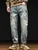 Calça Jeans Reta Bordada Resistente Estilo Americano para Homens, Marca de Moda High-Street, Calça Longa Solta Casual Tendência Versátil para Primavera e Verão