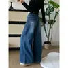 Jeans Feminino Wide-Leg Lavado com Efeito Desgastado Retrô Americano Outono 2026 Novo Cintura Alta Solto Modelador Caimento Longo