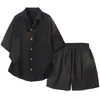 Ropa de trabajo de verano camisa de manga corta traje deportivo para hombres, camisa holgada fina de seda helada y pantalones cortos conjunto casual de dos piezas para hombres