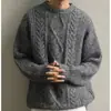 Suéter Masculino Retrô de Tricô com Padrão de Diamante Cor Sólida Gola Redonda Outono Inverno Estilo Preguiçoso Solto Top de Tricô Quente