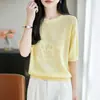 Camiseta Feminina Manga Curta de Cânhamo Bordada com Pônei para Primavera Verão Versátil Sensação Fresca Malha de Pônei Simples Fofa Atacado