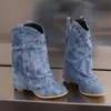 Botas de mujer de otoño e invierno transfronterizas de punta redonda a media pantorrilla, botas estilo Martin nuevas y ligeras, botas de mezclilla de tacón alto para mujer en color liso