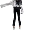 Calça Jeans Rasgada Preta para Mulheres, Comprimento Cropped para Figuras Baixas, Calça Flare para Mulheres, Calça Flare Cropped de Cintura Alta Fina para Primavera para Mulheres