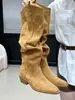 Botines plisados blancos para mujer, colección otoño 2025, tacón grueso, botas altas de caña larga, elegantes botas de tacón alto