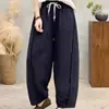 Pantalones de verano retro artísticos de tiro alto con cordón, cintura elástica, bajo curvo, estilo baguette, holgados y estilizados, pantalones casuales de moda