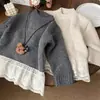 Suéter feminino, estilo coreano, espessado, blusa de tricô de comprimento médio, com acabamento em renda, design moderno e simples