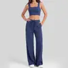 Conjunto de duas peças de colete e calça de yoga com bojo fixo integrado, sutiã esportivo, cós com cordão e calça de perna reta para mulheres