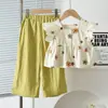 Conjunto de Verão para Meninas Estampa Floral Manga Morcego Top e Calça Longa Conjunto de Duas Peças Estilo Coreano Roupa Infantil Item Quente Transfronteiriço