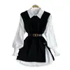 Camisa Branca de Manga Lanterna de Primavera Roupas Femininas Rejuvenescedora Doce Solta Cobertura de Carne Conjunto de Duas Peças Empilhado Suéter