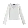 Camiseta Sexy de Manga Longa com Decote em V para Mulheres 2026 Primavera Nova Slim Fit Camiseta Básica Top sem Costas de Renda