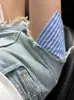 Shorts de Mezclilla Lavada Desgastada Azul Claro Talla Plus para Mujer, Diseño de Cintura Alta para Verano, Estilo Dulce y Fresco, Hot Pants de Corte A, Modernos