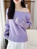 Suéter de tricô de lã pura novo para outono/inverno estilo coreano transfronteiriço, com mangas morcego, corte solto e decote de um ombro só