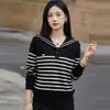 Suéter de Tricô com Gola Azul Marinho para Mulheres, Pulôver de Seda e Lã, Novo Estilo de Primavera, Estilo Casual e Relaxado, Camada Base Emagrecedora