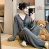 Pijama con Almohadillas para el Pecho para Mujer, Manga Larga de Modal para Primavera y Otoño, Nuevo Encaje, Cuello en V, Popular, Sexy, Conjunto de Ropa para el Hogar