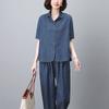 Terno jeans feminino verão 2024 novo mãe de meia-idade plus size solto casual cobertura da barriga emagrecimento estilo ocidental conjunto de duas peças