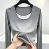 Camiseta feminina de algodão de bambu para outono, corte slim, color block, falsa peça dupla, manga longa, top simples casual moderno