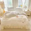 Conjunto de quatro peças de colcha de algodão lavado ultra macio estilo princesa coreana, conjunto de quatro peças de colcha estilo princesa de algodão e linho bordado todo em algodão