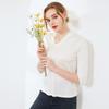 Outono Nova Camiseta de Seda Feminina Cor Pura Seda de Amoreira de Dupla Face Tricotada Elegante Decote V Manga Três Quartos Solta Top Feminino