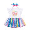 Roupas transfronteiriças para meninas de 0 a 2 anos e roupas de festa de aniversário infantis vestido com manga borboleta terno conjunto faixa de cabeça com laço adesivo de 1 caractere