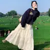 Saia Rodada de Renda Branca para Mulheres, Novo Estilo Outono e Inverno, Saia Evasê de Cintura Alta, Saia Midi Plissada