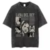 Camiseta Versátil de Manga Corta Holgada para Hombre de Algodón Puro Lavado de Peso Pesado 230g Estampado de LanaDel Rey Estilo Vintage Americano