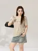 Bordado color-blocking hombro normal tipo lino holgada cuello redondo manga corta verano talla extra ropa para mujer cubre abdomen corte ajustado camiseta 66163