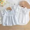 Camisas para Niñas, Nuevo Estilo de Verano, Cuello Peter Pan con Adorno de Encaje para Niños, Tops con Mangas Cortas Volantes, Elegantes Camisas Blancas para Bebés