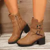 Botas de Cano Curto com Salto Grosso Vintage Desgastado Maillard Femininas Novas Versáteis Primavera Outono Fivela Bico Redondo Salto Grosso