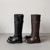 Botas de Cavaleiro Estilosas de Couro Integral Cano Alto com Fivela Grande Moda Retrô 2026 Inverno Novas Bico Redondo Confortáveis Longas