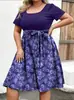 Europeu e Americano Transfronteiriço Amazon Temu Moda Tendência Elegante Vestido Decote Redondo Manga Curta Cintura Estampa Floral Tamanho Grande