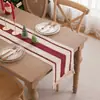 Camino de mesa de algodón y lino tejido estilo americano con flecos rojos y patrón de rombos a rayas, para mesa de comedor y decoración de aparador