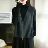 100% Lana 36 Puntos Chaleco Primavera Holgado Estilo Perezoso Color Sólido Cierre de Cremallera Cárdigan Suéter Para Usar en Capas Tejido Reductor de Edad para Mujeres