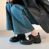 Versión de Piel de Vaca~Zapatos Mary Jane de Cuero Genuino con Tira Cruzada Retro para Mujer, Estilo Deportivo Casual, Suela Gruesa, Tacón Grueso, Boca Baja Zapatos de Una Sola Pieza