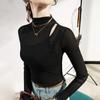 Malha manga longa cor sólida manga curta justa estilo coreano pulôver gola redonda justa preto roupa feminina