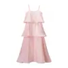 Atacado de Roupas Femininas Transfronteiriças 2025 Verão Novo Estilo Europeu e Americano Roupas Femininas Vestido Rosa de Alças com Babados Multicamadas
