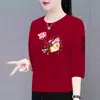 Ropa para madre de mediana edad y ancianas, comercio exterior transfronterizo, manga tres cuartos, estampada, holgada, adelgazante, casual, top rejuvenecedor, camiseta básica