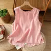 Elegante y sencilla camisa sin mangas tipo chaleco de algodón y lino para mujer, top de verano de una sola fila de botones con cuello redondo, blusa de lino con diseño de doble uso